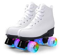 Roller Skates for Women and Men, Classic Double Row Roller Skates with LED Illuminated Wheels, PU Leather High Top Quad Skates for Beginners Teens Adult Indoor Outdoor (2,White LED)