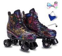 Roller Skates Women Men - Microfiber Leather Roller Skate Classic High Top Double Row Roller Skates for Indoor Outdoor with Light up Shoe Laces (Black Wheel, 42-US Men 8.5= Women 9.5)