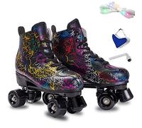 Roller Skates Women Men - Microfiber Leather Roller Skate Classic High Top Double Row Roller Skates for Indoor Outdoor with Light up Shoe Laces (Black Wheel, 44-US Men 10= Women 11)