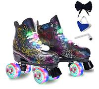 Roller Skates Women Men - Microfiber Leather Roller Skate Classic High Top Double Row Roller Skates for Indoor Outdoor with Light up Shoe Laces (Flash Wheel, 43-US Men 9= Women 10)