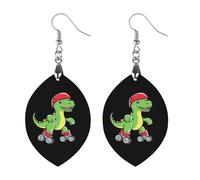 Rollerskating Dinosaur Wooden Earrings Pendant Fashion Boho Charms for Women Round Drop Jewelry Gift Circular