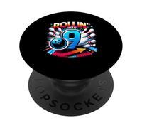 Rollin Into 9 Retro Bowling Birthday 9Th Birthday Bowler PopSockets Adhesive PopGrip