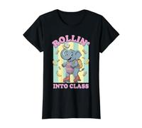 Rollin' Into Class Elephant Back to School Skater Value Graphic T-Shirt, Women, Black, M