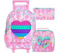 Rolling Backpack for Girls and Boys,Unicorn Mermaid Dinosaur Roller Backpacks Set with Wheels for Kids, Girls Rolling Backpack - Popular Heart, One Size