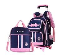 Rolling Backpack for Girls Primary Schoolbag Bookbags Trolley Bags Wheeled Backpack Kids Carry-On Luggage, 3pcs 2 Wheels Dark Blue, L, 2 Wheels Trolley + Backpack Sets