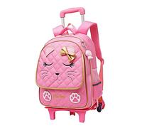 Rolling Backpack for Girls Trolley School Bags Cat-face Kids Backpacks with Wheels Carry-on Travel Luggage, 6 Wheels Pink, L, Only Rolling Backpack