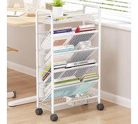 Rolling Book Cart, Mobile Bookshelf with Wheels, Compact Desk Storage Organizer Trolley, 5-Tier Floor Standing Metal Bookshelf, Magazine Rack for Narrow Spaces, White
