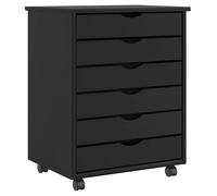 Rolling Cabinet 6 Drawers Black Solid Pine Wood 53x39x65.5cm Mobile Storage Home