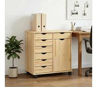 Rolling cabinet Brown Solid Pine Wood 63.5x39x65.5cm 7-Drawer Mobile Unit Small