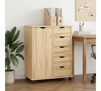 Rolling cabinet Brown Solid Pine Wood 63.5x39x79cm 5 Drawers Mobile Storage Roll