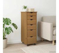 Rolling cabinet honey brown solid pine 6-drawer mobile storage 34x39x93.5cm desk
