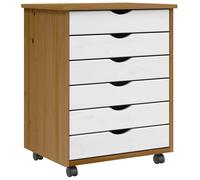 Rolling Cabinet Honey Brown White 6-Drawer Solid Pine 53x39x65.5cm Wheels Mobile