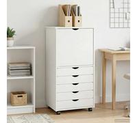 Rolling Cabinet White Solid Pine Wood 53x39x103cm 5 Drawers 1 Shelf Mobile Matte