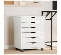Rolling Cabinet White Solid Pine Wood 6-Drawer Lock Mobile Storage 53x39x65.5cm