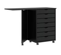 Rolling Cabinet with Desk Black Solid Pine 105.5x39x74.5cm 7 Drawers Wheels Slim