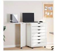 Rolling Cabinet with Desk White 105.5x39x74.5cm Solid Pine Wood 7-Drawer Mobile