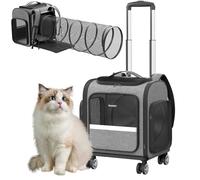 Rolling Cat Carrier with Wheels: Dog Carrier for Small Dogs & Large Cats, Expandable Pet Carrier on Wheels with Cat Play Tunnel, Large Capacity, Breathable Mesh, Side Pocket, Grey