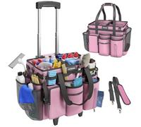 Rolling Cleaning Caddy Bag with Detachable Trolley, Cleaning Supplies Organizer Cart on Wheels, Cleaning Supply Caddy for Housekeepers, Large Professional Detailing Bag Tote for Home, Car (Pink)
