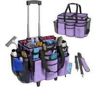 Rolling Cleaning Caddy Bag with Detachable Trolley, Cleaning Supplies Organizer Cart on Wheels, Cleaning Supply Caddy for Housekeepers, Large Professional Detailing Bag Tote for Home, Car (Purple)