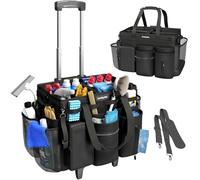 Rolling Cleaning Caddy Bag with Detachable Trolley, Cleaning Supplies Organizer Cart on Wheels, Cleaning Supply Caddy for Housekeepers, Large Professional Detailing Bag Tote for Home, Car (Black)
