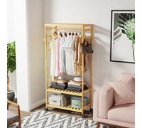 Rolling Clothes Rack Bamboo Open Wardrobe Coat and Shoe Rack with 1 Bar and 4 Hooks Natural Wood