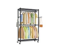 SONGMICS Rolling Portable Wardrobe, Heavy-Duty Metal Clothes Rack on Wheels, with Adjustable Shelves and Hanging Rails, Hooks, 40 x 90 x 199 cm, Ink Black LGR416BH01