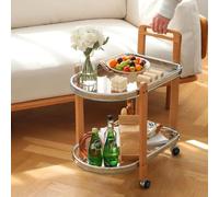 Rolling Coffee Table, Solid Wood 2-Tier Table with Storage Shelves, Rustic Side Table, Mobile Bar Cart for Living Room