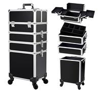 Rolling Cosmetic Case 4 in 1 Beauty Case Rolling Cosmetics Organiser Makeup Vanity Lockable Hairdressing Trolley Black