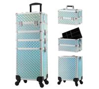Rolling Cosmetic Case Makeup Case Trolley Cart with Wheels Detachable 4 in 1 Alloy Train Briefcase Lock Large Capacity Storage(Watery Blue)