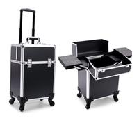 Rolling Cosmetic Case Professional Trolley Cosmetic Rolling Makeup Suitcase Case Wheeled Organizer(Black White)
