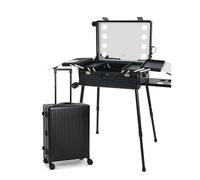Rolling Cosmetic case,Trolley Make Up Case, Professional Aluminum Makeup Train Case with LED Light, Rolling Makeup Case with Legs for Makeup Artist Hairstylist Home Nail Salons