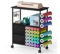 Rolling Craft Storage Cart for Cricut Machines,60×32×76 cm,Black | Mobile craft with fabric drawers,vinyl roll holder & hooks,fits cutting machines & heat press for Craft Supply Storage