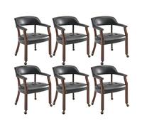 Rolling Dining Chairs with Casters & Arms Game Table Chairs Cherry Legs & Black PU Comfortable Boss Captains Chairs for Home & Office Set of 6