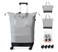 Rolling Duffel Bag with Detachable Wheels & Handle,Expandable Foldable Travel Duffle Bag,Carry on Luggage Large Tote Bag for Gym Overnight Weenkend Trip, Grey with Handle
