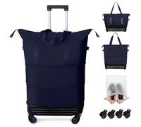 Rolling Duffel Bag with Detachable Wheels & Handle,Expandable Foldable Travel Duffle Bag,Carry on Luggage Large Tote Bag for Gym Overnight Weenkend Trip, Navy Blue with Handle, One Size