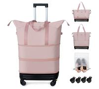 Rolling Duffel Bag with Detachable Wheels & Handle,Expandable Foldable Travel Duffle Bag,Carry on Luggage Large Tote Bag for Gym Overnight Weenkend Trip, Light Pink with Handle, One Size
