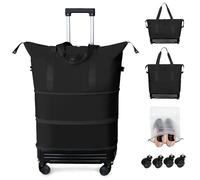 Rolling Duffel Bag with Detachable Wheels & Handle,Expandable Foldable Travel Duffle Bag,Carry on Luggage Large Tote Bag for Gym Overnight Weenkend Trip, Black with Handle, One Size