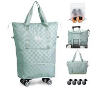 Rolling Duffle Bag with Wheels Expandable Foldable Travel Duffel Bag Carry on Luggage Bag Checkerboard Weekender Bag for Men Women, Green+Shoe Bag, Travel Bag