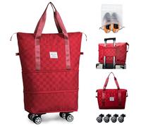 Rolling Duffle Bag with Wheels Expandable Foldable Travel Duffel Bag Carry on Luggage Bag Checkerboard Weekender Bag for Men Women, Red+Shoe Bag, Travel Bag