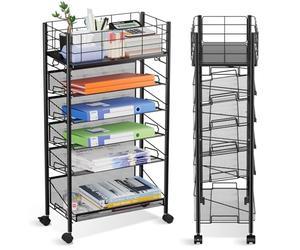 Rolling File Cart with Wheels, 6 Tier Metal Rolling File Organizer Cart Beside Desk,Mobile Book Carts with Wheels for Office Home School Library Teacher Classroom, Black
