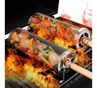 Rolling Grill Basket, 2 Pcs 304 Stainless Steel Rolling Barbecue Utensils Tool with Removable Wooden Handles, BBQ Accessories Tools for Outdoor Cooking Camping Birthday Gifts for Men Dad Husband