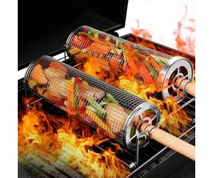 Rolling Grill Basket, 2 Pcs 304 Stainless Steel Rolling Barbecue Utensils Tool with Removable Wooden Handles, BBQ Accessories Tools for Outdoor Cooking Camping Birthday Gifts for Men Dad Husband