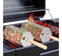 Rolling Grill Basket (Hexagon), Removable Wooden Handle, 304 Stainless Steel, Nesting Grilling Net, BBQ Accessories Tools for Vegetables Shrimp, Outdoor Cooking Camping, Birthday Gifts for Men Dad