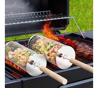Rolling Grill Basket, Removable Wooden Handle, 304 Stainless Steel, Nesting Grilling Net, BBQ Accessories Tools for Vegetables Shrimp, Outdoor Cooking Camping, Birthday Gifts for Men Dad Husband