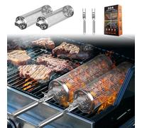 Rolling Grill Basket, Set of 2, Barbecue Accessories with Removable Stainless Steel Handle, Round Grill Basket for Outdoor Barbecue, Garden, Camping, Barbecue Accessories for Gifts, Birthday Gift for