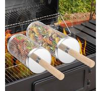 Rolling Grill Basket Set of 2,Stainless Steel Rolling Grill Cage with Wooden Handle,Nesting Grilling Net Outdoor Barbecue Accessories for Vegetables Fish Shrimp Meat