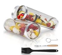 Rolling Grill Basket Set - Two BBQ Grilling Baskets, One Oil Brush, Fork and Hook. BBQ Grill Accessories Set are the Perfect Grilling Accessories for Outdoor Grill or Campfire Grill Grate, Grill Pan