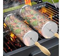 Rolling Grill Baskets,【2025Upgraded】 2Pcs Rolling BBQ Basket with Removable Wooden Handle,BBQ Accessories Tools for Vegetables Shrimp,Outdoor Cooking Camping,Gifts for Men Dad (2 Pcs Round)