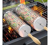 Rolling Grill Baskets,【2025Upgraded】 2Pcs Rolling BBQ Basket with Removable Wooden Handle,BBQ Accessories Tools for Vegetables Shrimp,Outdoor Cooking Camping,Gifts for Men Dad (2 Pcs Rectangle)