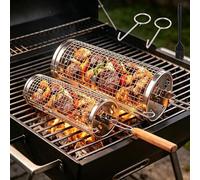 Rolling Grill Baskets,2PCS BBQ Grilling Basket Removable Wooden Handle Nesting Grilling Net 304 Stainless Steel Double Opening Oil Brush BBQ Accessories for Outdoor Cooking Camping BBQ Lovers